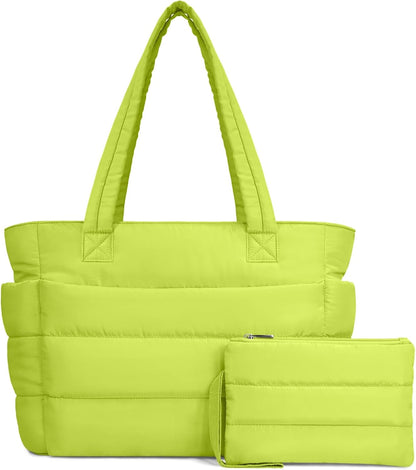 Puffer Tote Bag for Women, Lightweight Puffy Handbag with Compartments, Quilted Shoulder Bag for Work, Travel, Gym - Colors A