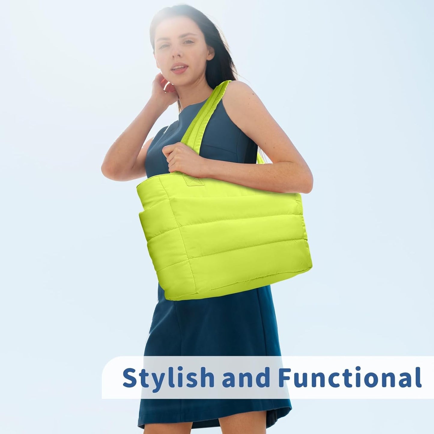 Puffer Tote Bag for Women, Lightweight Puffy Handbag with Compartments, Quilted Shoulder Bag for Work, Travel, Gym - Colors A