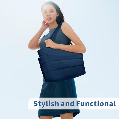 Puffer Tote Bag for Women, Lightweight Puffy Handbag with Compartments, Quilted Shoulder Bag for Work, Travel, Gym - Colors A