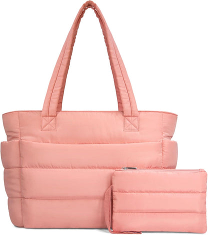Puffer Tote Bag for Women, Lightweight Puffy Handbag with Compartments, Quilted Shoulder Bag for Work, Travel, Gym - Colors A