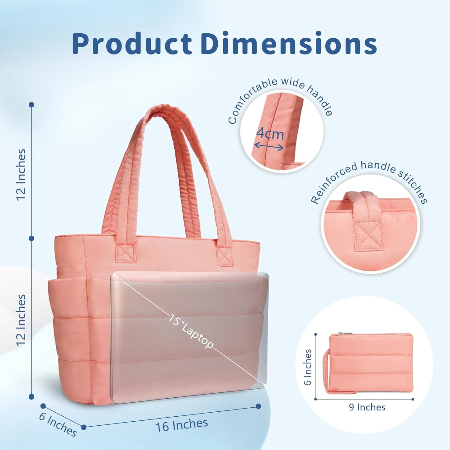 Puffer Tote Bag for Women, Lightweight Puffy Handbag with Compartments, Quilted Shoulder Bag for Work, Travel, Gym - Colors A