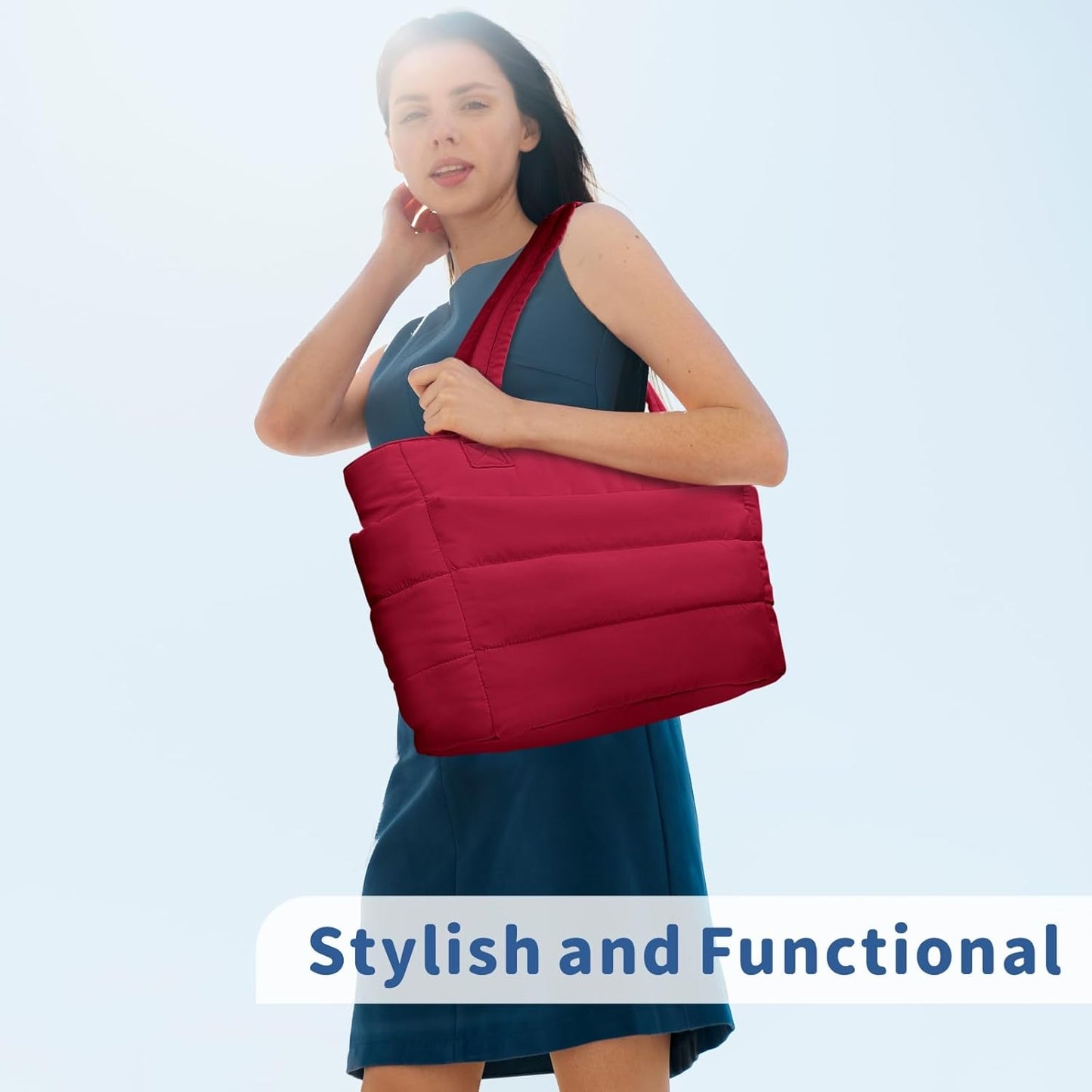 Puffer Tote Bag for Women, Lightweight Puffy Handbag with Compartments, Quilted Shoulder Bag for Work, Travel, Gym - Colors A