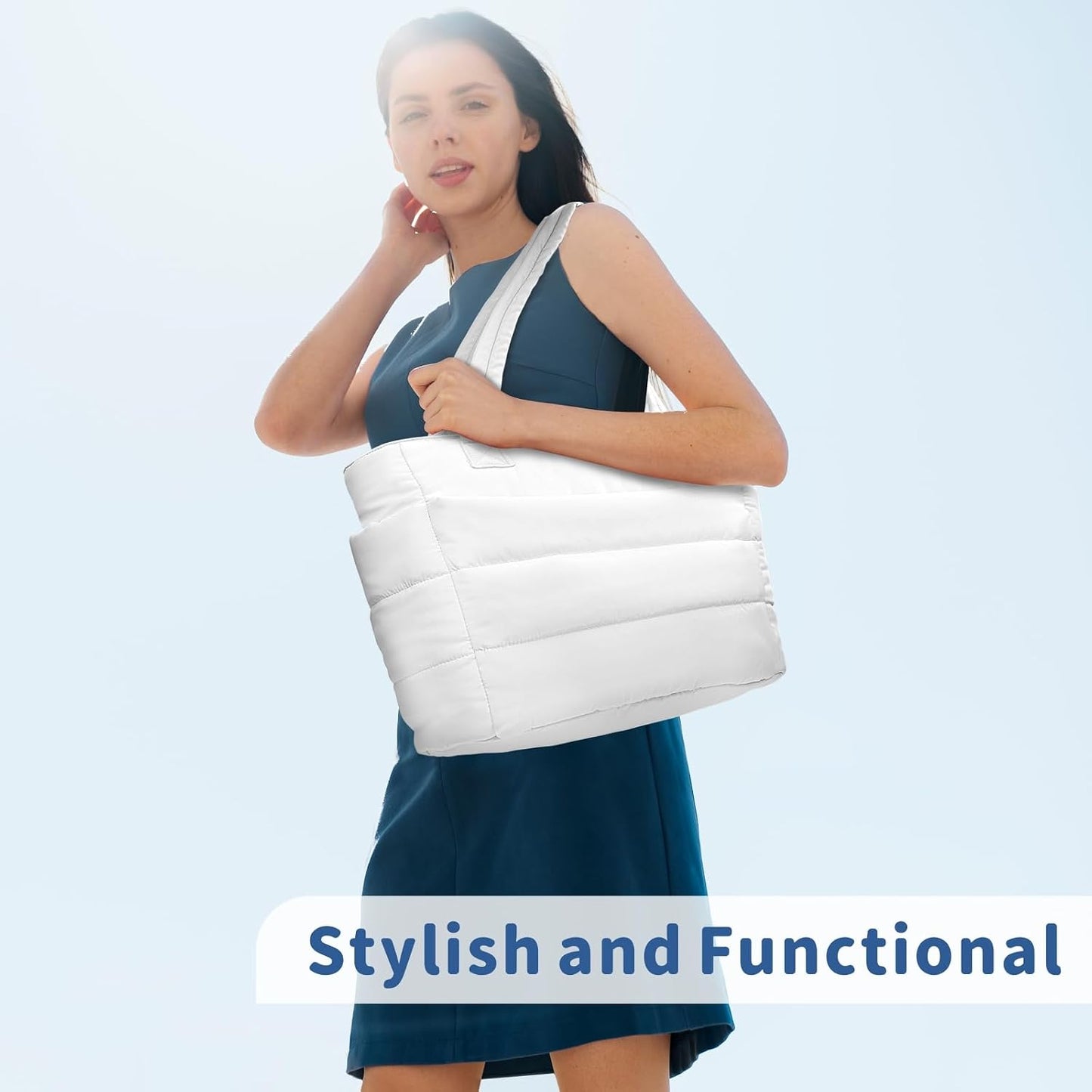 Puffer Tote Bag for Women, Lightweight Puffy Handbag with Compartments, Quilted Shoulder Bag for Work, Travel, Gym - Colors A