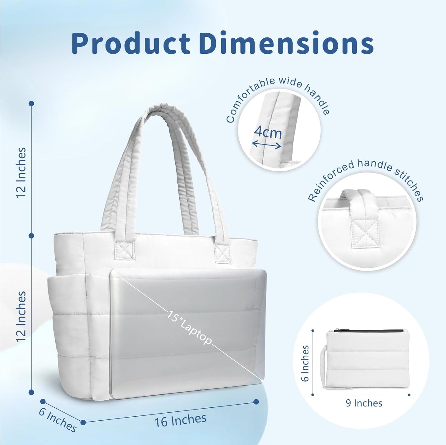 Puffer Tote Bag for Women, Lightweight Puffy Handbag with Compartments, Quilted Shoulder Bag for Work, Travel, Gym - Colors A