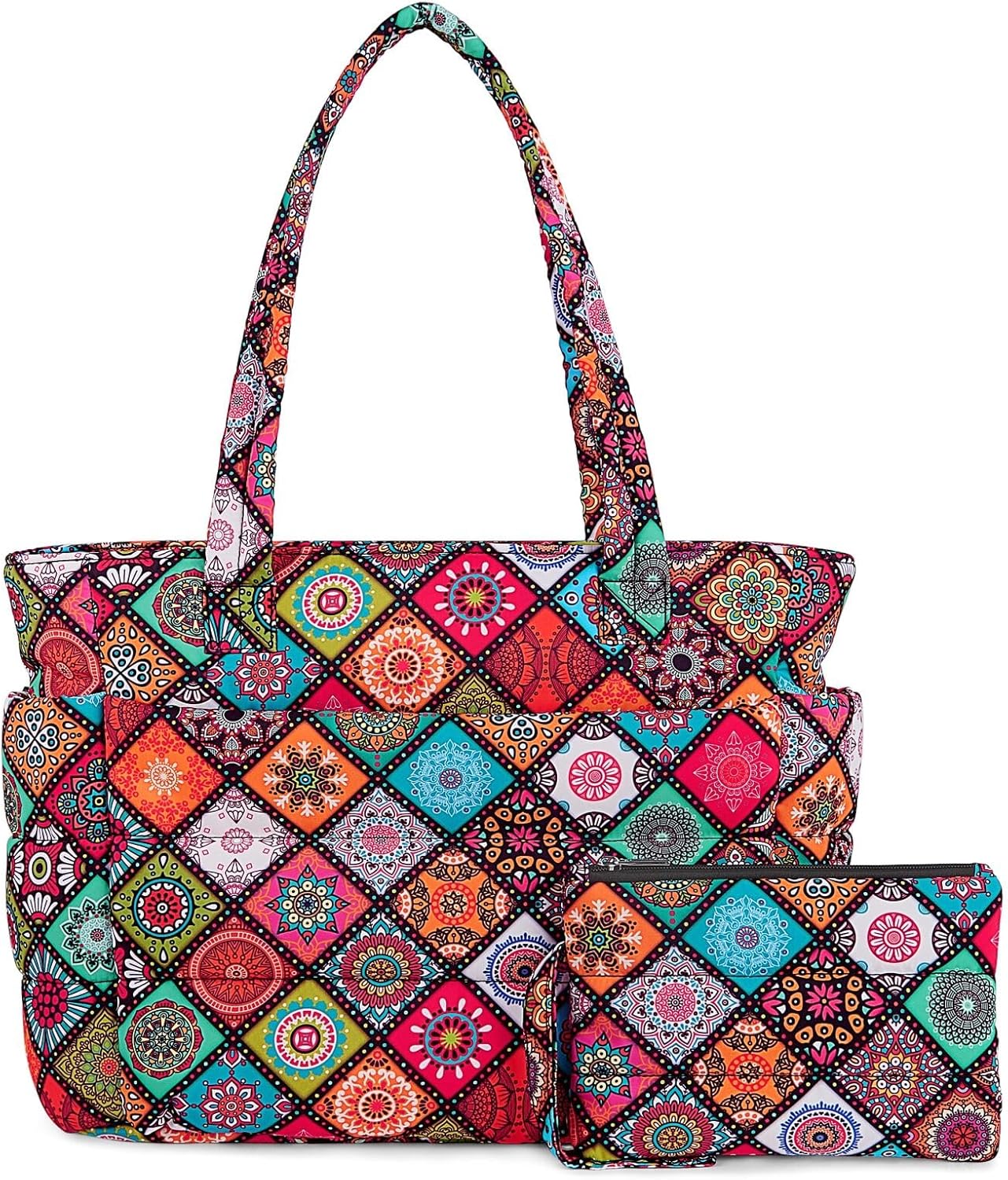 Puffer Tote Bag for Women, Lightweight Puffy Handbag with Compartments, Quilted Shoulder Bag for Work, Travel, Gym - Colors A