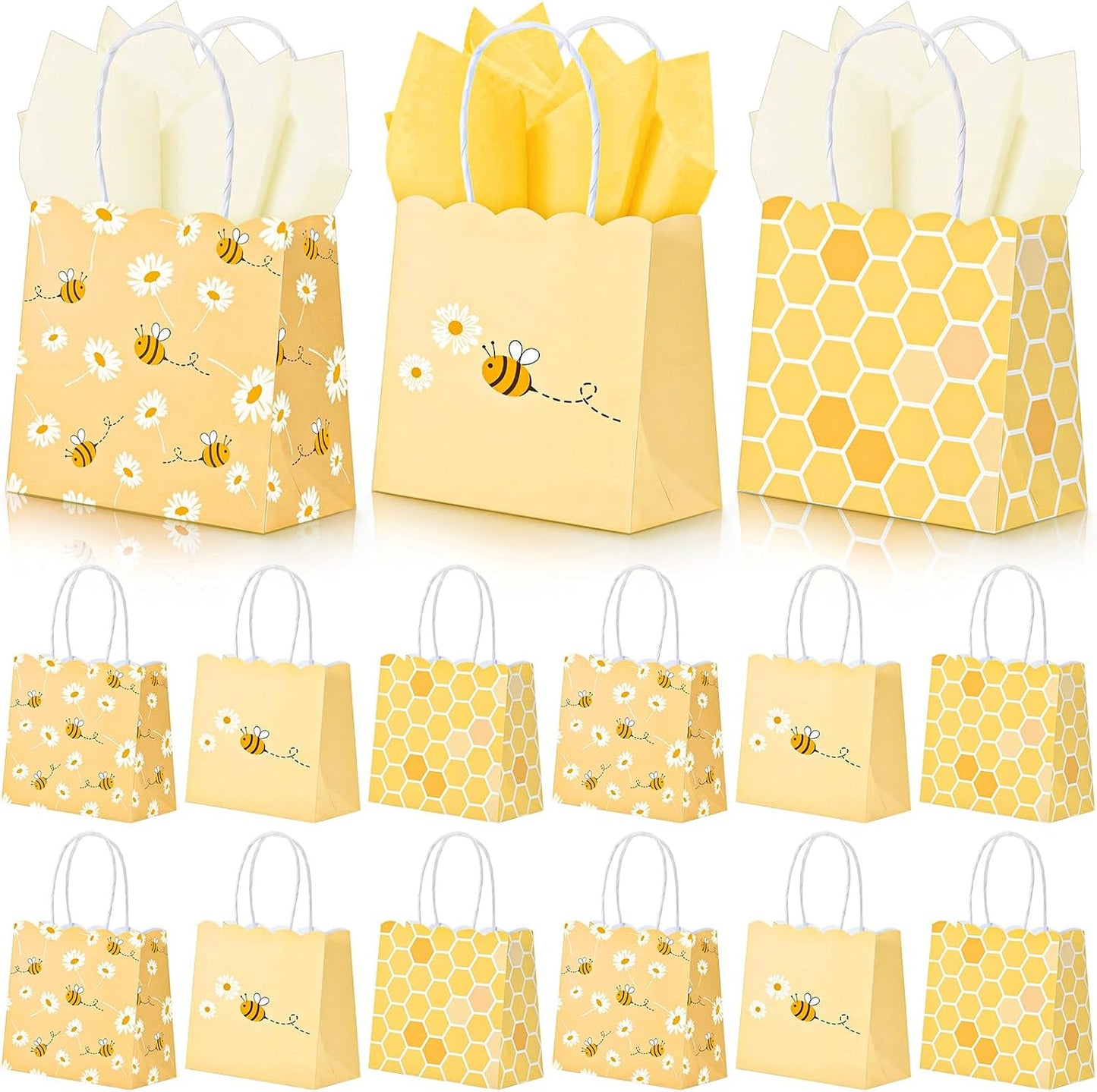 24 Pack Mini Bee Party Gift Bags Bulk with Tissue Paper 5x5x3'' Tiny Honey Theme Favor Bags with Handles for Baby Shower Birthday Sweet As Can Be Party What Will It Bee Gender Reveal Decor