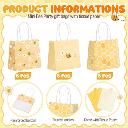 24 Pack Mini Bee Party Gift Bags Bulk with Tissue Paper 5x5x3'' Tiny Honey Theme Favor Bags with Handles for Baby Shower Birthday Sweet As Can Be Party What Will It Bee Gender Reveal Decor