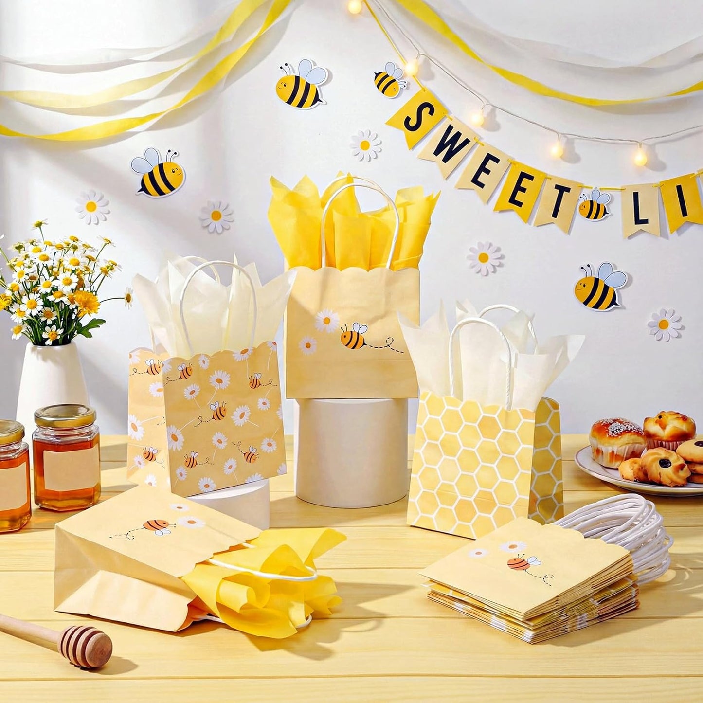 24 Pack Mini Bee Party Gift Bags Bulk with Tissue Paper 5x5x3'' Tiny Honey Theme Favor Bags with Handles for Baby Shower Birthday Sweet As Can Be Party What Will It Bee Gender Reveal Decor