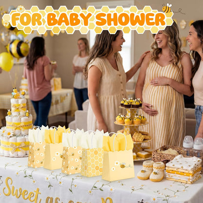 24 Pack Mini Bee Party Gift Bags Bulk with Tissue Paper 5x5x3'' Tiny Honey Theme Favor Bags with Handles for Baby Shower Birthday Sweet As Can Be Party What Will It Bee Gender Reveal Decor