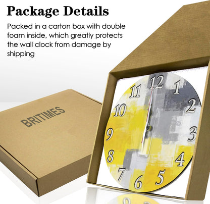 Square Wall Clock Silent Non-Ticking 12", Yellow Grey | Contemporary Abstract Home Decor Battery Operated Clock for Living Room, Kitchen, Bedroom, and Office