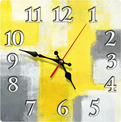 Square Wall Clock Silent Non-Ticking 12", Yellow Grey | Contemporary Abstract Home Decor Battery Operated Clock for Living Room, Kitchen, Bedroom, and Office