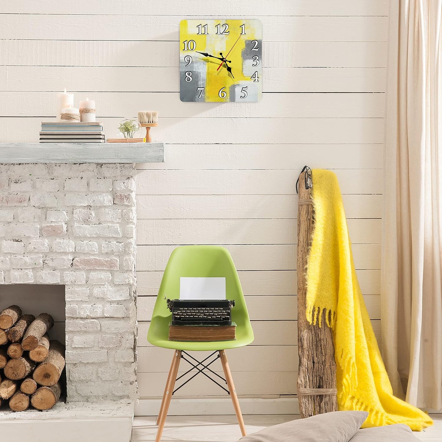 Square Wall Clock Silent Non-Ticking 12", Yellow Grey | Contemporary Abstract Home Decor Battery Operated Clock for Living Room, Kitchen, Bedroom, and Office
