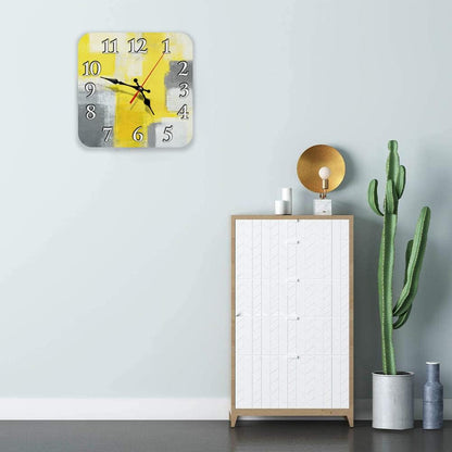 Square Wall Clock Silent Non-Ticking 12", Yellow Grey | Contemporary Abstract Home Decor Battery Operated Clock for Living Room, Kitchen, Bedroom, and Office