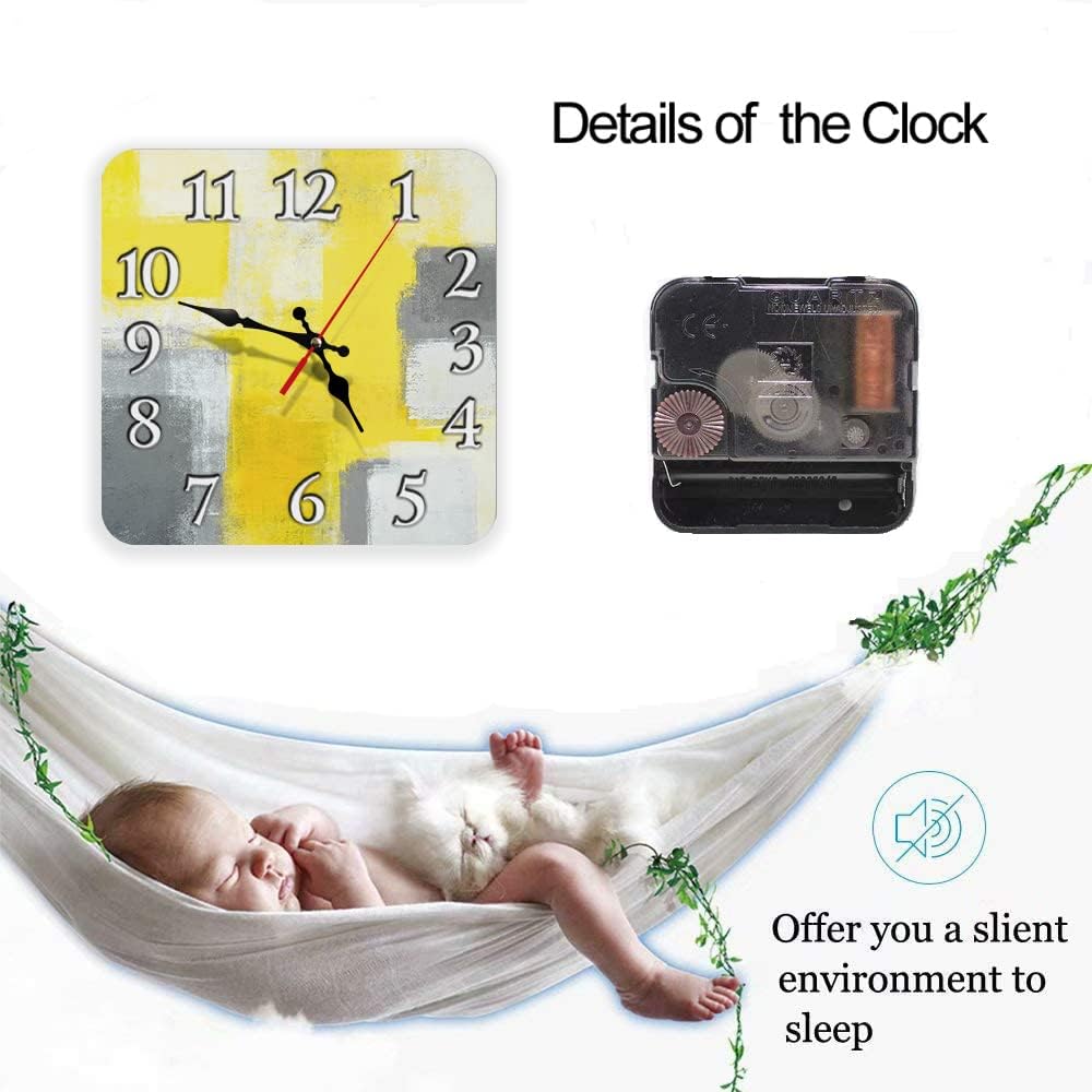 Square Wall Clock Silent Non-Ticking 12", Yellow Grey | Contemporary Abstract Home Decor Battery Operated Clock for Living Room, Kitchen, Bedroom, and Office