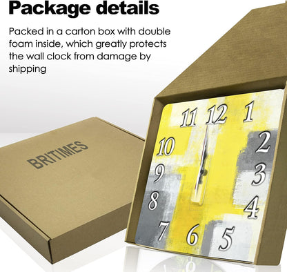 Square Wall Clock Silent Non-Ticking 12", Yellow Grey | Contemporary Abstract Home Decor Battery Operated Clock for Living Room, Kitchen, Bedroom, and Office