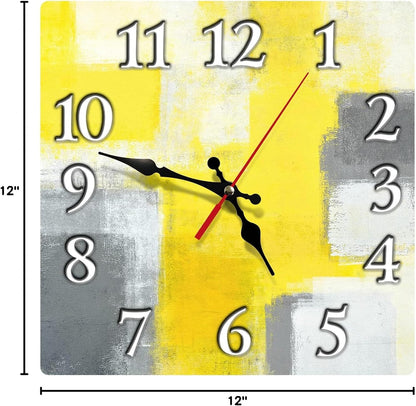 Square Wall Clock Silent Non-Ticking 12", Yellow Grey | Contemporary Abstract Home Decor Battery Operated Clock for Living Room, Kitchen, Bedroom, and Office