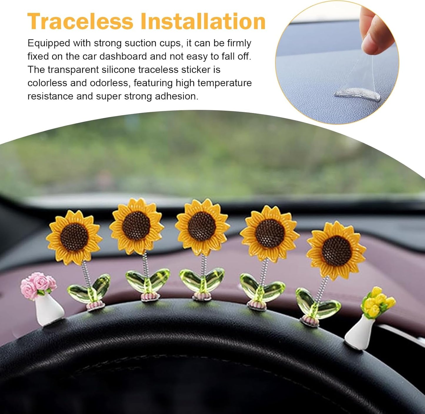 10 PCS Shaking Sunflower Ornaments, Cute Shaking Head Sunflower Decorations for Car Dashboard, Funny Rearview Mirror & Steering Wheel Decoration Accessory (Yellow#Style 1)