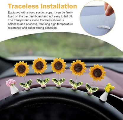 10 PCS Shaking Sunflower Ornaments, Cute Shaking Head Sunflower Decorations for Car Dashboard, Funny Rearview Mirror & Steering Wheel Decoration Accessory (Yellow#Style 1)