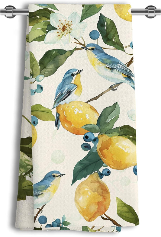 Lemon Bird Kitchen Towels, Watercolor Bluebird & Floral Dish Towels 16x24 Inch, Cottagecore Farmhouse Decorative Tea Towels for Kitchen Bathroom