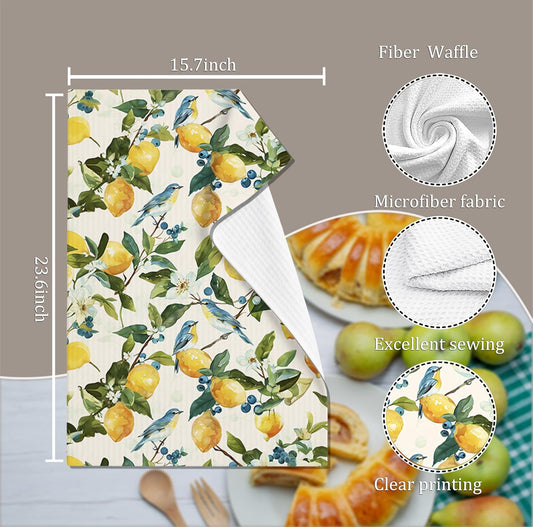 Lemon Bird Kitchen Towels, Watercolor Bluebird & Floral Dish Towels 16x24 Inch, Cottagecore Farmhouse Decorative Tea Towels for Kitchen Bathroom