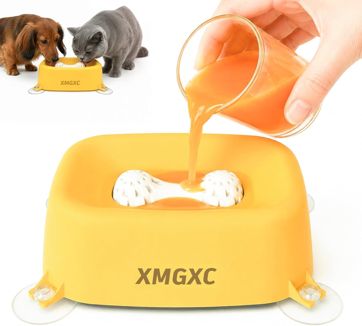 Slow Feeder Dog Bowl for Liquid Treats, Anti-Slip Lick Bowl, Bone Broth and Yogurt Feeder, Pup Lick Toy for Large Medium Small Dogs and Cats.Anxiety Relief.(Yellow)