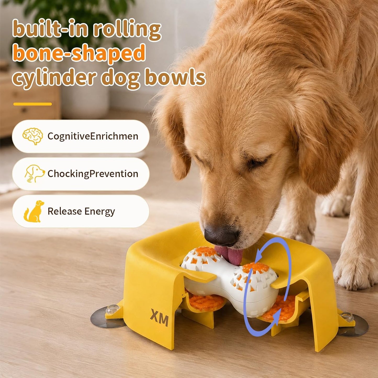 Slow Feeder Dog Bowl for Liquid Treats, Anti-Slip Lick Bowl, Bone Broth and Yogurt Feeder, Pup Lick Toy for Large Medium Small Dogs and Cats.Anxiety Relief.(Yellow)