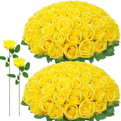 72 Pcs Artificial Roses Yellow Fake Silk Roses Realistic Roses | Faux Flower Indoor Wedding Home Decor, Birthday Decorations
