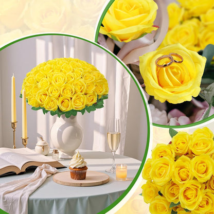 72 Pcs Artificial Roses Yellow Fake Silk Roses Realistic Roses | Faux Flower Indoor Wedding Home Decor, Birthday Decorations