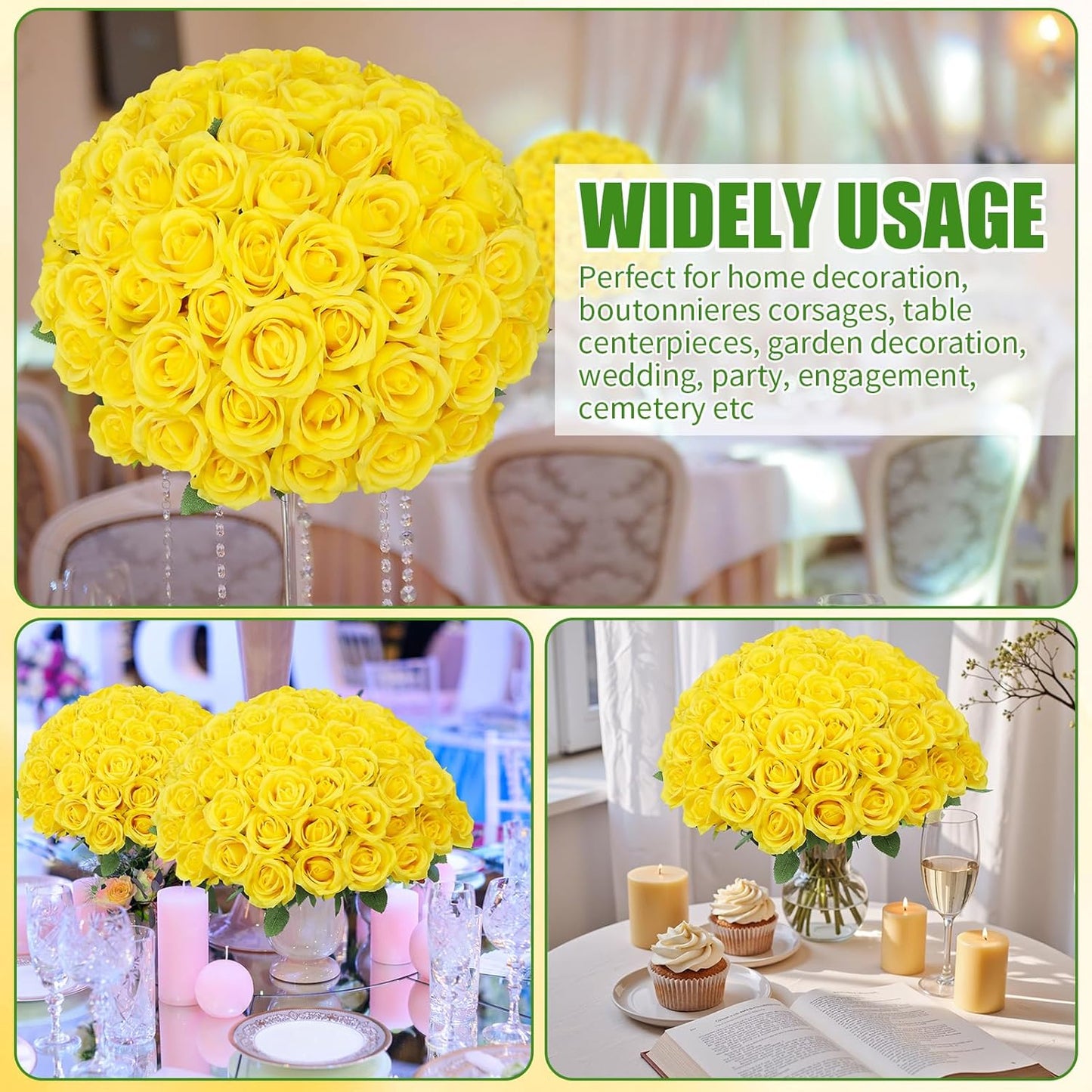 72 Pcs Artificial Roses Yellow Fake Silk Roses Realistic Roses | Faux Flower Indoor Wedding Home Decor, Birthday Decorations
