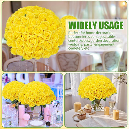 72 Pcs Artificial Roses Yellow Fake Silk Roses Realistic Roses | Faux Flower Indoor Wedding Home Decor, Birthday Decorations