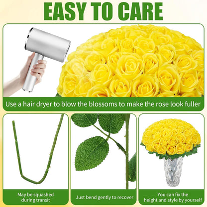 72 Pcs Artificial Roses Yellow Fake Silk Roses Realistic Roses | Faux Flower Indoor Wedding Home Decor, Birthday Decorations