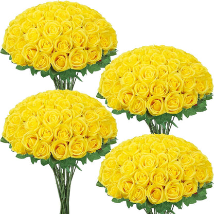 72 Pcs Artificial Roses Yellow Fake Silk Roses Realistic Roses | Faux Flower Indoor Wedding Home Decor, Birthday Decorations