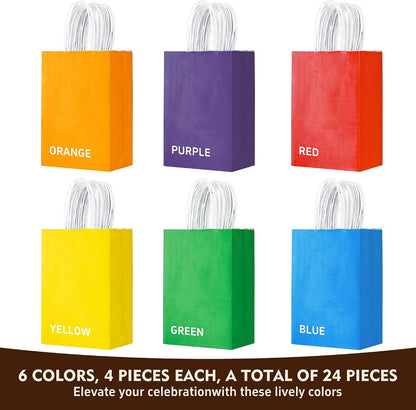 24 Pack Small Gift Bags 5.8"×3.2"×8.25" Kraft Paper Bags with Handles, Party Favor Bags Bulk for Kids Birthday, Baby Shower, Crafts, Wedding, Party (6 Colors)