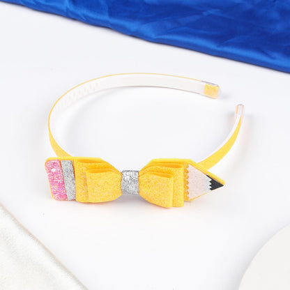 Back to School Pencil Bows Headband, First Day of School Hairband, Glitter Sparkly Yellow Hair Bows Non-slip Hair Accessory for Teens&Girls Kindergarten 1st 2nd 3rd 4th 5th Grade