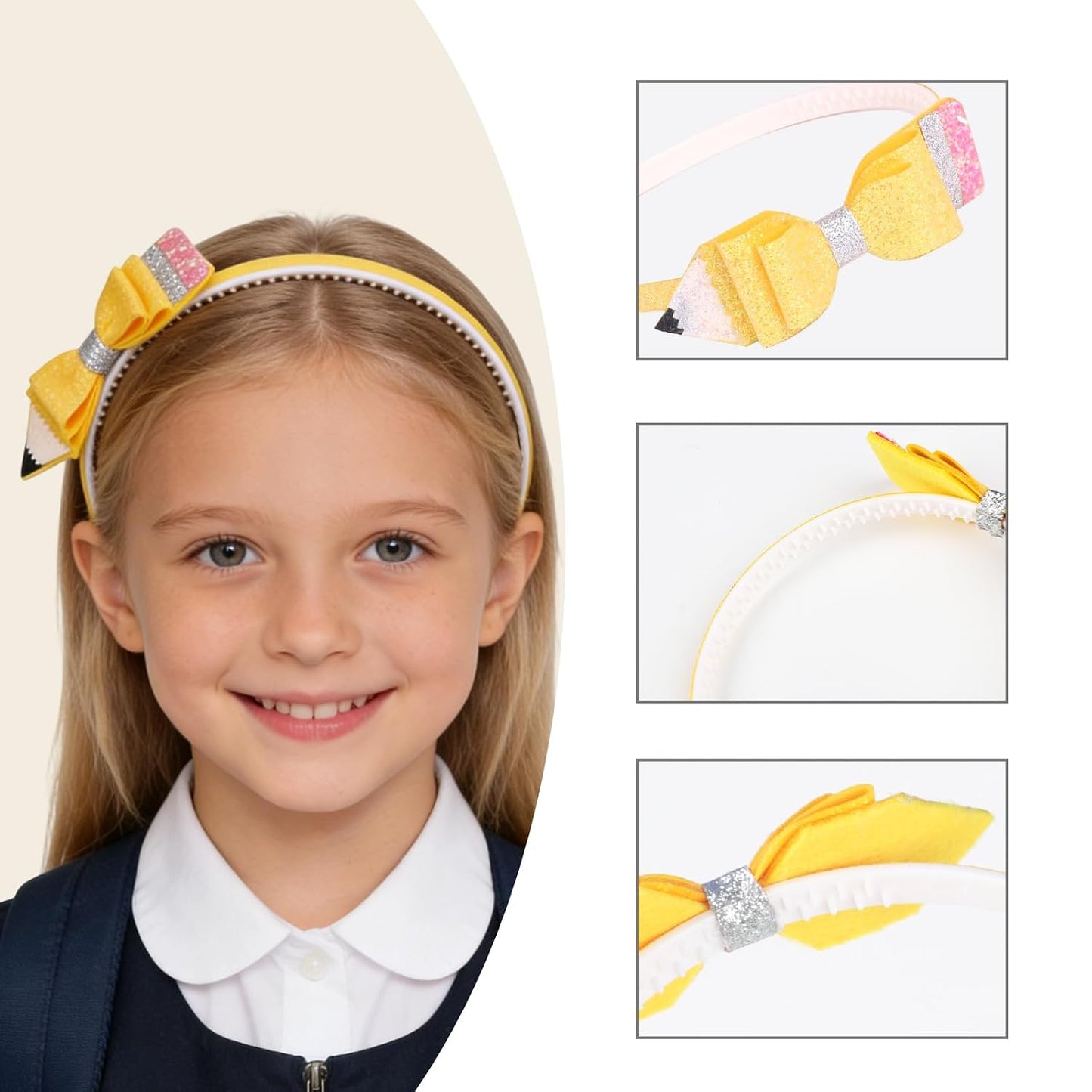 Back to School Pencil Bows Headband, First Day of School Hairband, Glitter Sparkly Yellow Hair Bows Non-slip Hair Accessory for Teens&Girls Kindergarten 1st 2nd 3rd 4th 5th Grade