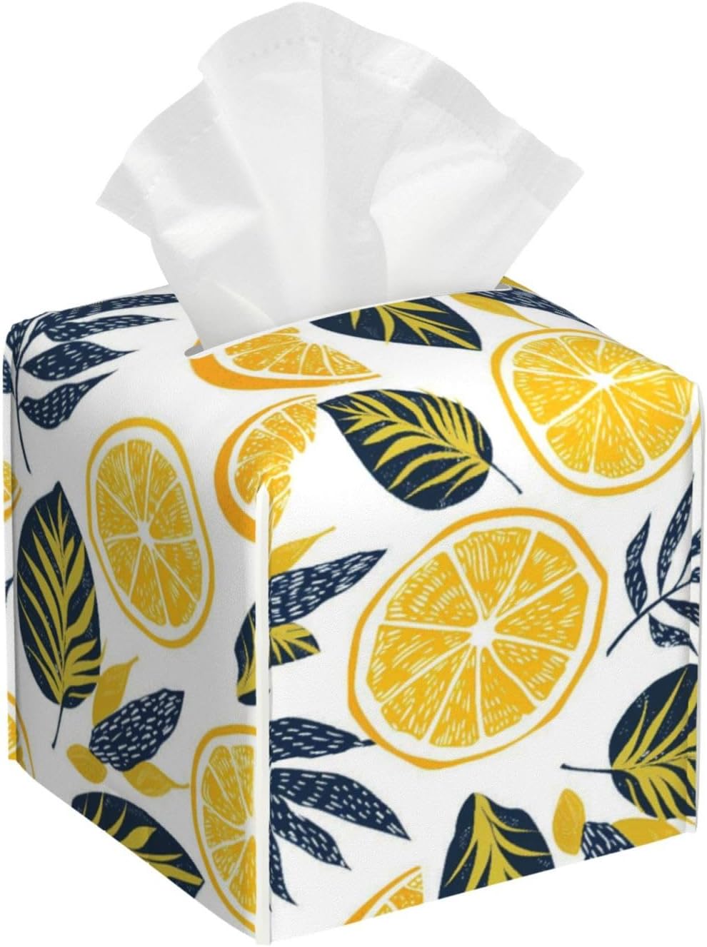 Cute Lemons Slices Print Tissue Box Cover Square | PU Leather Modern, Decorative Facial Tissue Case, Paper Organizer Holder, for Bathroom, Vanity, Countertop, Car, Office