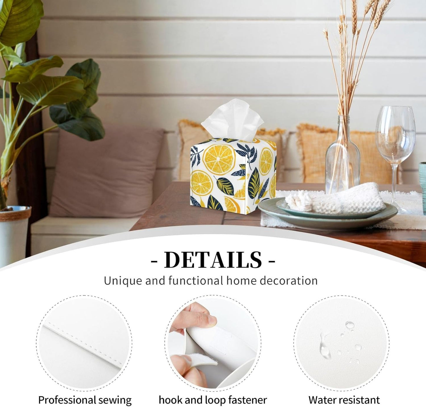 Cute Lemons Slices Print Tissue Box Cover Square | PU Leather Modern, Decorative Facial Tissue Case, Paper Organizer Holder, for Bathroom, Vanity, Countertop, Car, Office