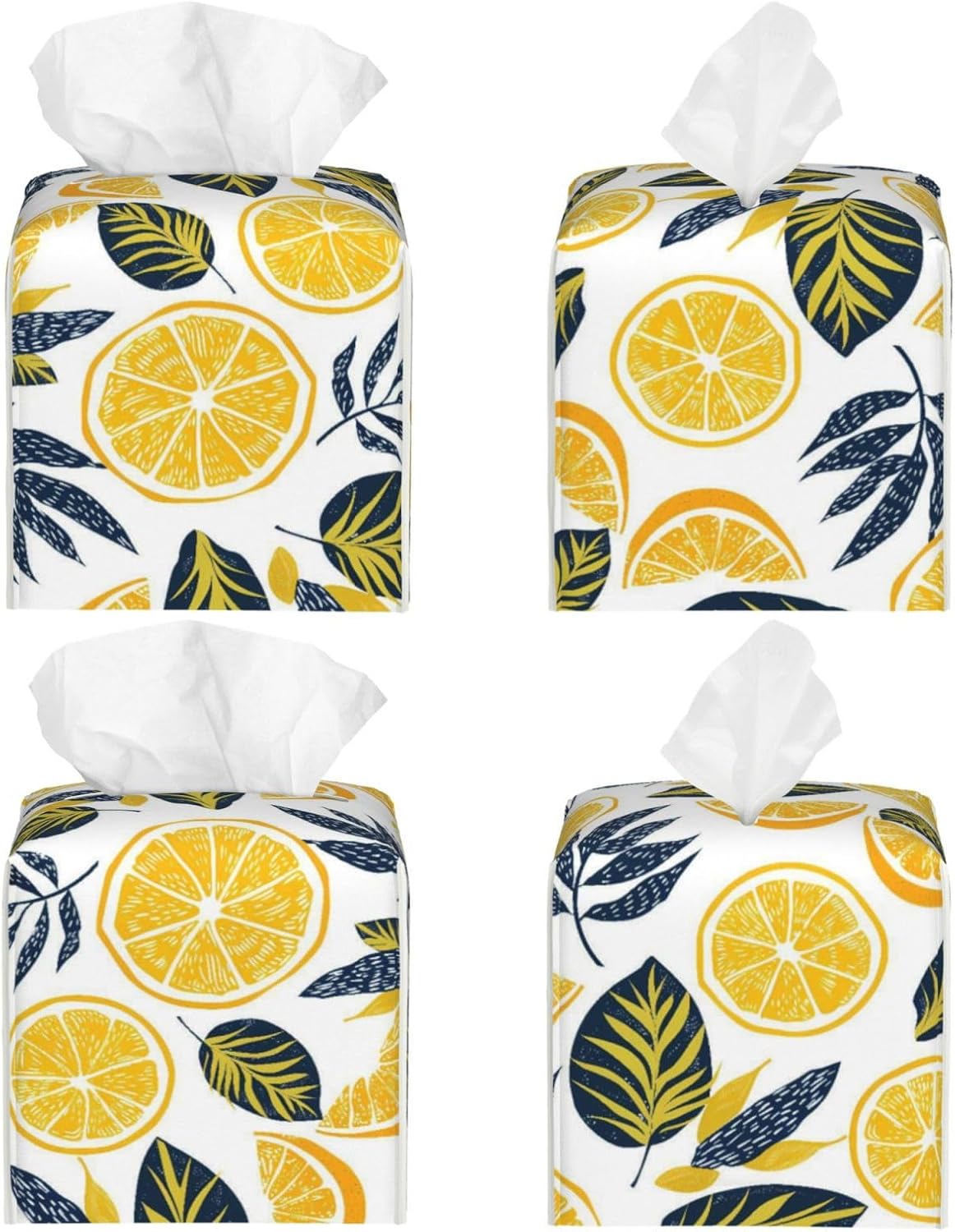 Cute Lemons Slices Print Tissue Box Cover Square | PU Leather Modern, Decorative Facial Tissue Case, Paper Organizer Holder, for Bathroom, Vanity, Countertop, Car, Office
