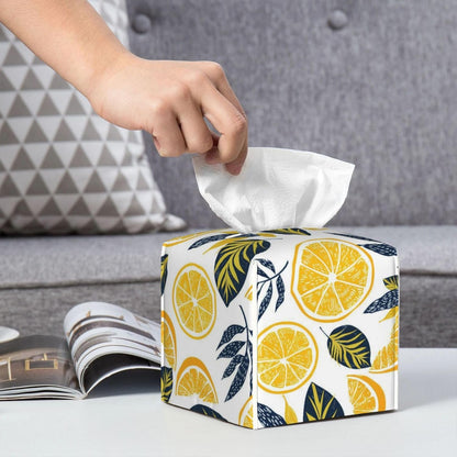 Cute Lemons Slices Print Tissue Box Cover Square | PU Leather Modern, Decorative Facial Tissue Case, Paper Organizer Holder, for Bathroom, Vanity, Countertop, Car, Office
