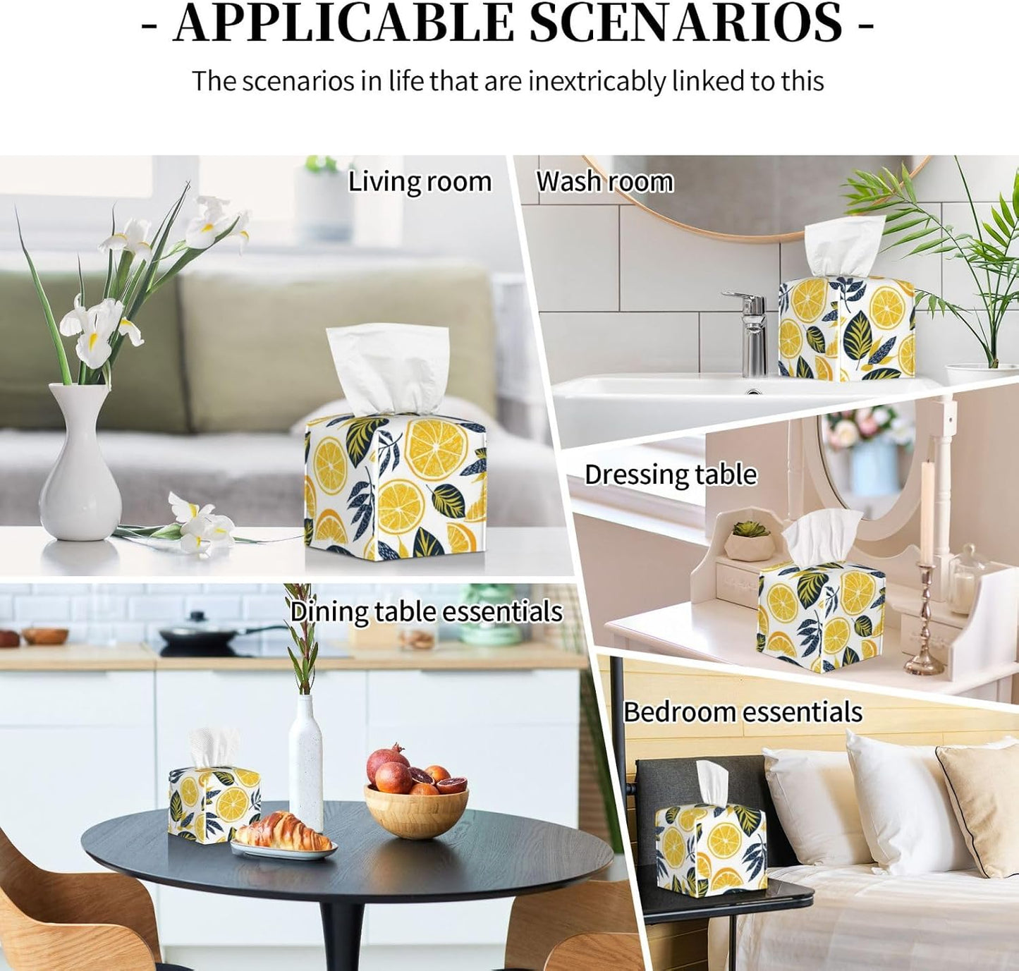 Cute Lemons Slices Print Tissue Box Cover Square | PU Leather Modern, Decorative Facial Tissue Case, Paper Organizer Holder, for Bathroom, Vanity, Countertop, Car, Office
