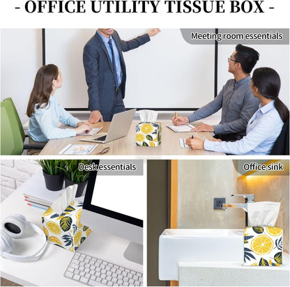 Cute Lemons Slices Print Tissue Box Cover Square | PU Leather Modern, Decorative Facial Tissue Case, Paper Organizer Holder, for Bathroom, Vanity, Countertop, Car, Office