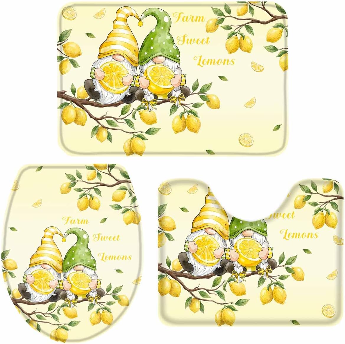 Lemon 3 Piece Bath Rugs Set Summer Lemon Gnome on The Tree Bathroom Mats Absorbent Contour Soft Mat Toilet Lid Cover Bathroom Decor Set, 18"x30"+14"x18"+15"x18"