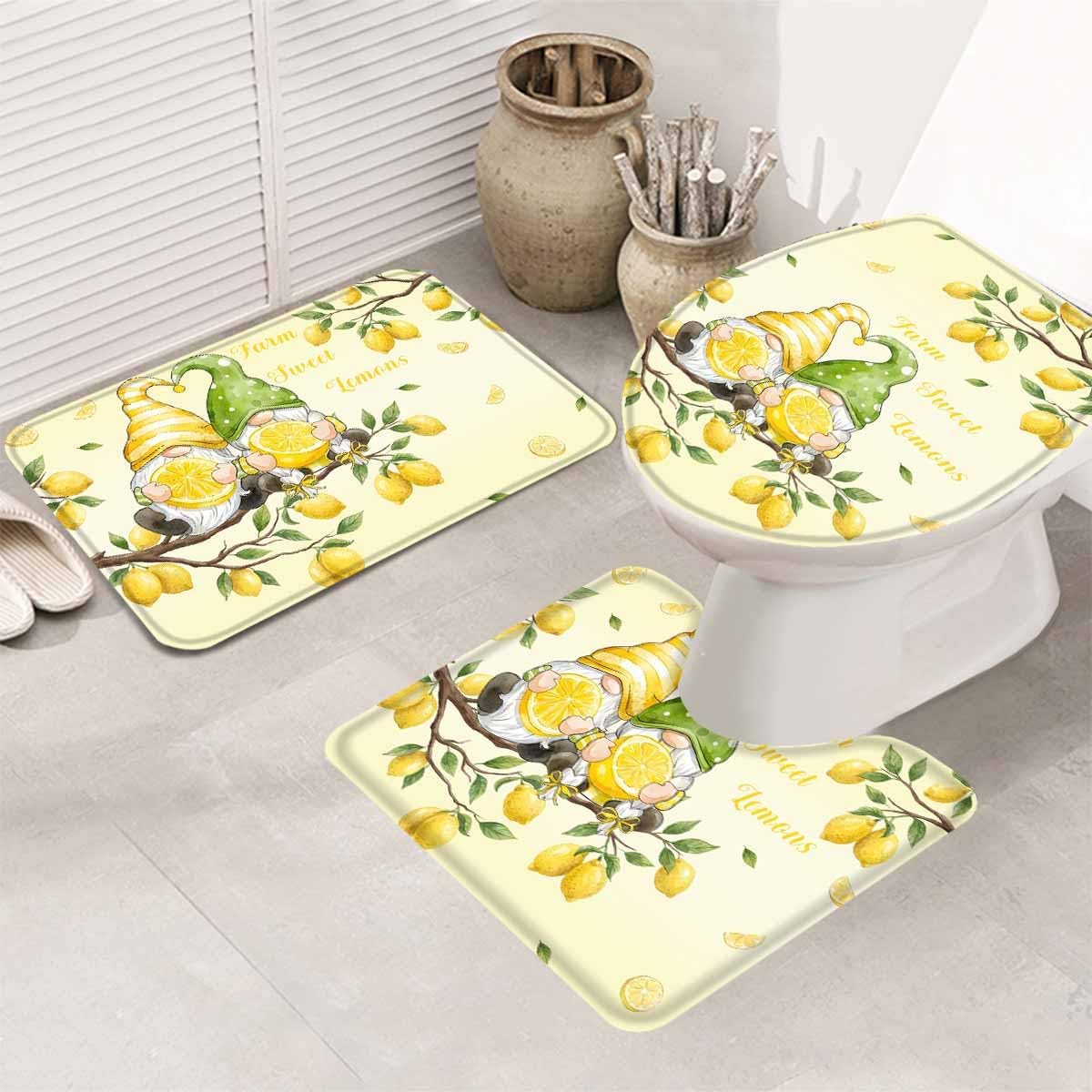 Lemon 3 Piece Bath Rugs Set Summer Lemon Gnome on The Tree Bathroom Mats Absorbent Contour Soft Mat Toilet Lid Cover Bathroom Decor Set, 18"x30"+14"x18"+15"x18"