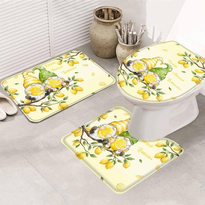 Lemon 3 Piece Bath Rugs Set Summer Lemon Gnome on The Tree Bathroom Mats Absorbent Contour Soft Mat Toilet Lid Cover Bathroom Decor Set, 18"x30"+14"x18"+15"x18"