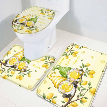 Lemon 3 Piece Bath Rugs Set Summer Lemon Gnome on The Tree Bathroom Mats Absorbent Contour Soft Mat Toilet Lid Cover Bathroom Decor Set, 18"x30"+14"x18"+15"x18"
