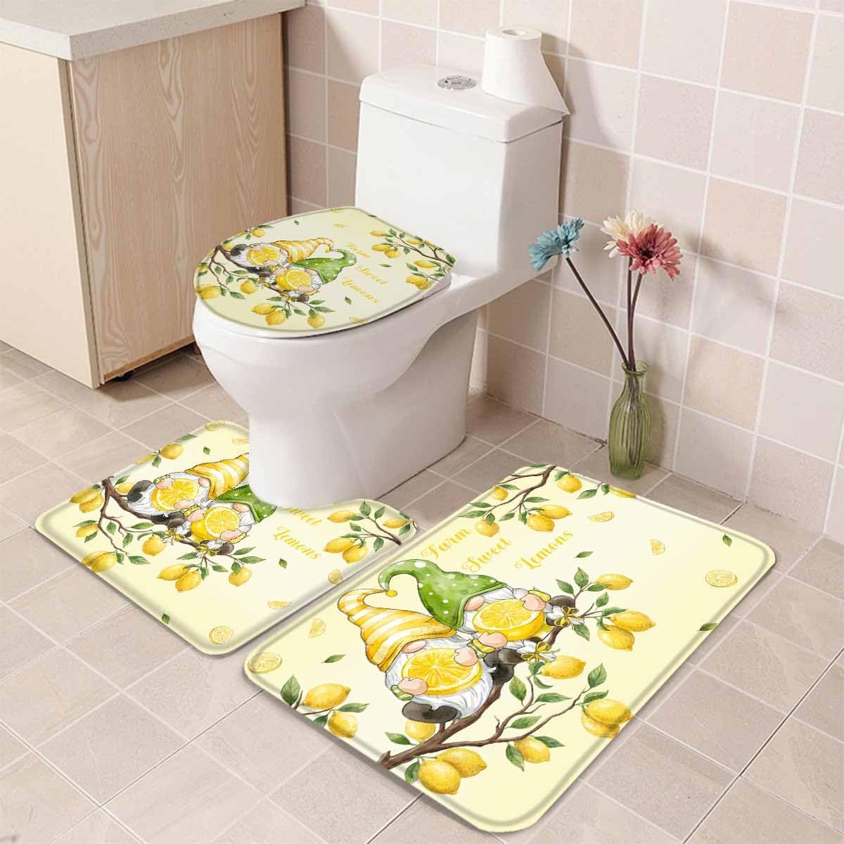 Lemon 3 Piece Bath Rugs Set Summer Lemon Gnome on The Tree Bathroom Mats Absorbent Contour Soft Mat Toilet Lid Cover Bathroom Decor Set, 18"x30"+14"x18"+15"x18"