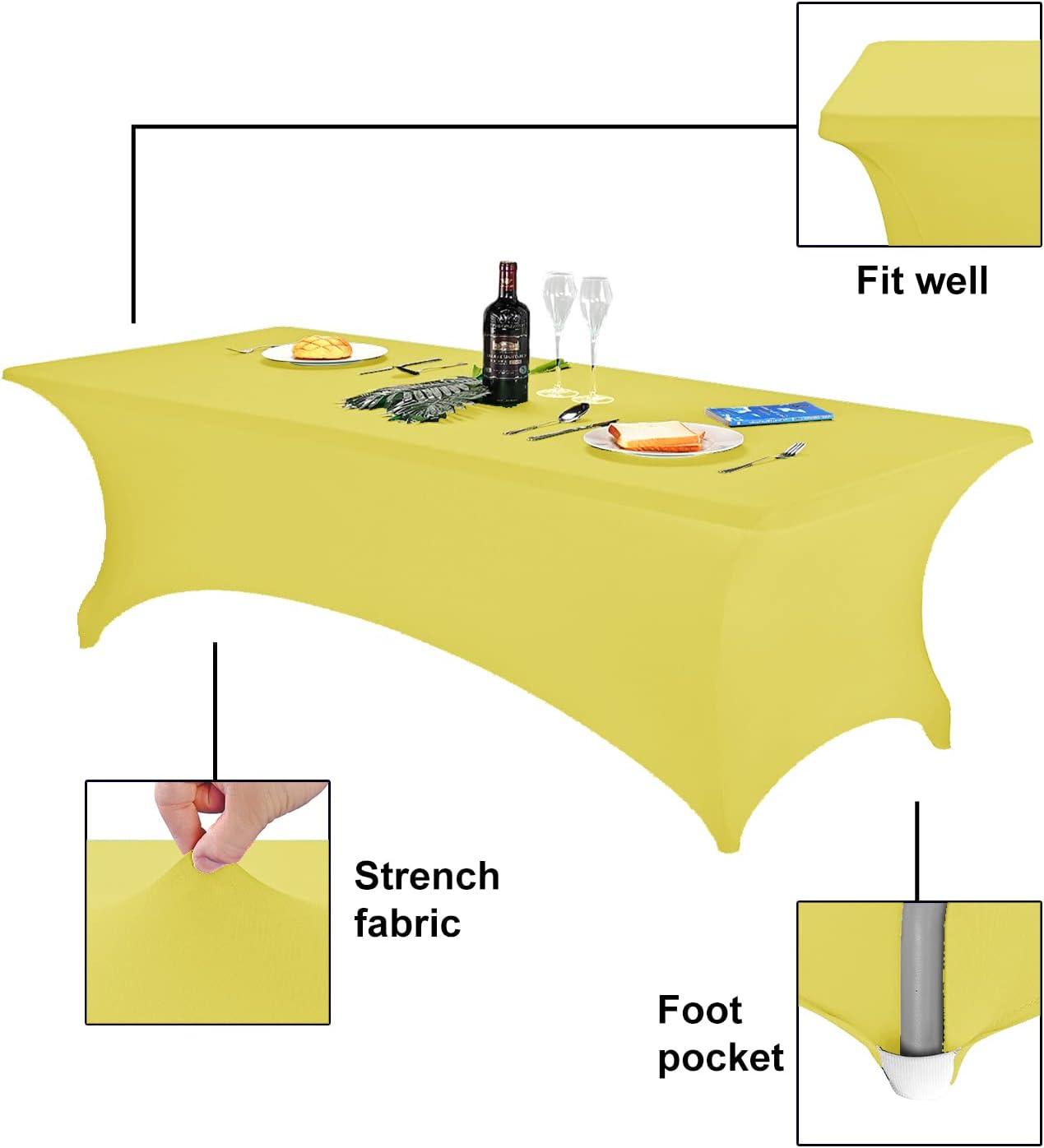 Spandex Table Cover - Fitted 8ft Rectangular Tablecloth, Stretch Patio Cover, Universal for Wedding, Banquet, Party (Yellow)