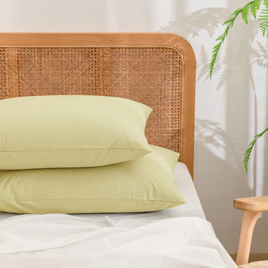 Washed Cotton Pillowcases Linen Feel Light Yellow Standard | 100% Washed Cotton, Linen Feel, Soft Wrinkle Texture, Envelope Closure, Breathable Lightweight Durable Comfy, 2 Pcs No Insert