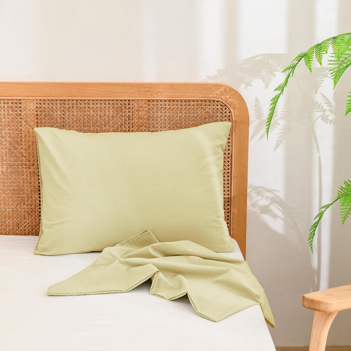 Washed Cotton Pillowcases Linen Feel Light Yellow Standard | 100% Washed Cotton, Linen Feel, Soft Wrinkle Texture, Envelope Closure, Breathable Lightweight Durable Comfy, 2 Pcs No Insert