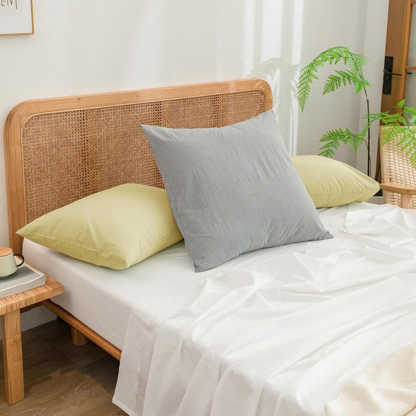 Washed Cotton Pillowcases Linen Feel Light Yellow Standard | 100% Washed Cotton, Linen Feel, Soft Wrinkle Texture, Envelope Closure, Breathable Lightweight Durable Comfy, 2 Pcs No Insert
